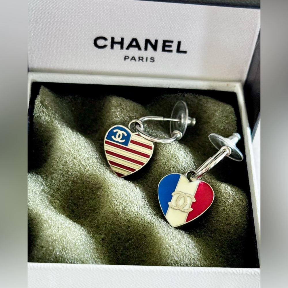 Chanel Silver-Plated Flag Heart Earrings